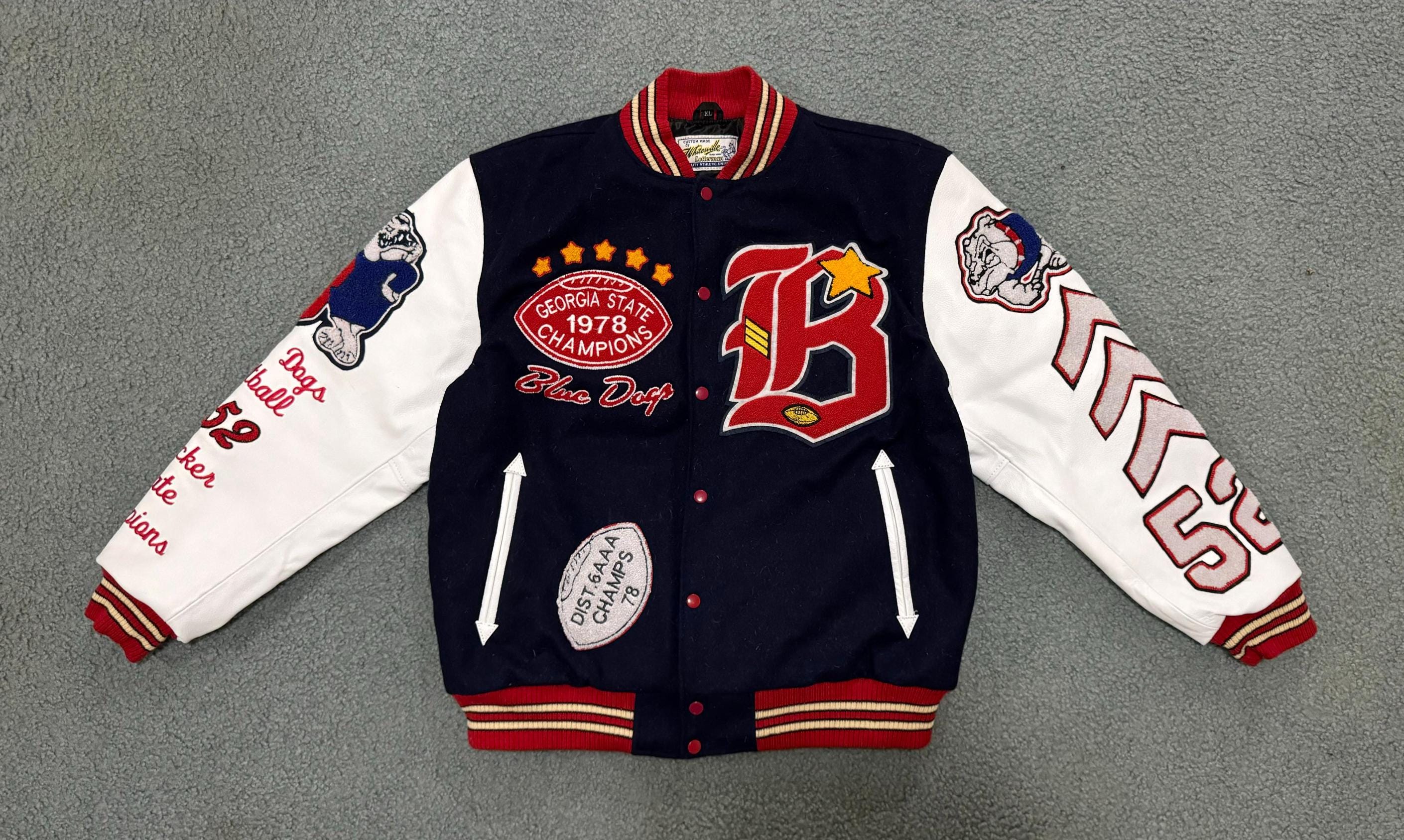 Navy Embroidered Patch Varsity Jacket