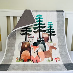 Personalized Handmade Woodland Baby Quilt, Whole Cloth Cotton Quilted Baby Boy Blanket, Custom Baby Shower Gift, Crib Quilt