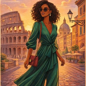Puede incluir: Ilustración de una mujer con un mono verde y gafas de sol caminando por una calle adoquinada en Roma. El Coliseo y otros edificios están al fondo. La palabra "ROMA" está en la parte superior de la imagen.