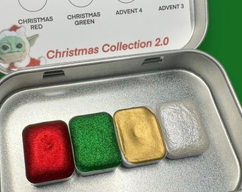 Collection de Noël 2.0 quarts de casseroles végétalien fait main aquarelle chrome peinture métallisée rouge vert or blanc