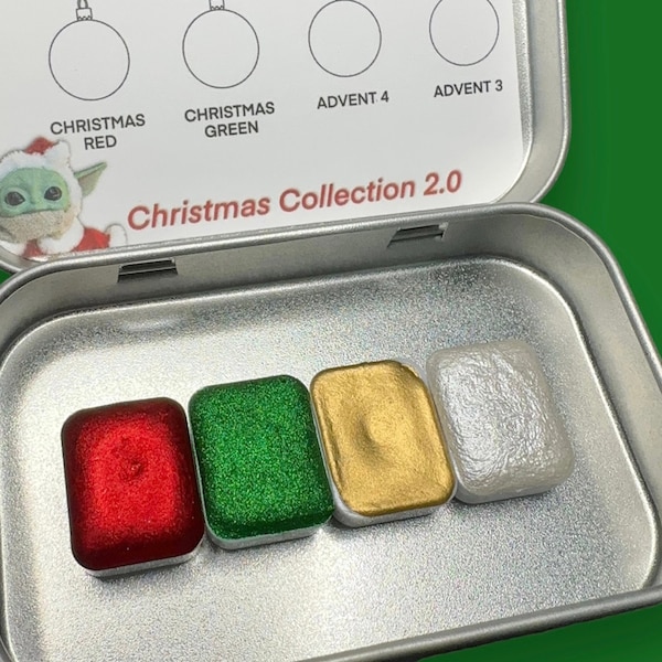 Christmas Collection 2.0 quarter pans tin vegan handmade watercolor chrome metallic paint red green gold white
