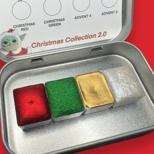Christmas Collection 2.0 half pans tin vegan handmade watercolor chrome metallic paint red green gold white