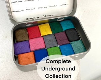 Complete Underground Collection tin of 15 shimmer watercolour paint half pans handmade vegan metallic calligraphy ink hand lettering