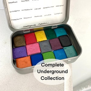 Complete Underground Collection tin of 15 shimmer watercolour paint half pans handmade vegan metallic calligraphy ink hand lettering