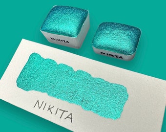 Nikita Chromepop turquoise teal chrome vegan metallic handmade watercolor quarter pan or half pan