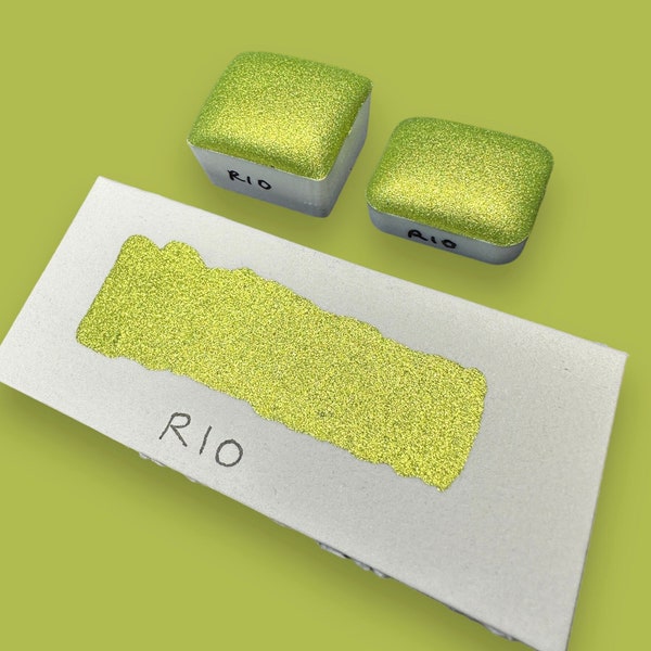 Rio Chromepop jaune vert citron vert chrome végétalien métallique aquarelle fait main aquarelle quart de poêle ou demi-casserole