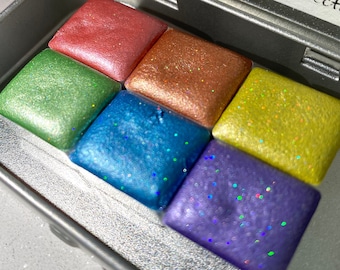 Lata de acuarela vegana hecha a mano de la colección Royal Parks, tinta holográfica pastel para caligrafía, letras a mano, medias pastillas