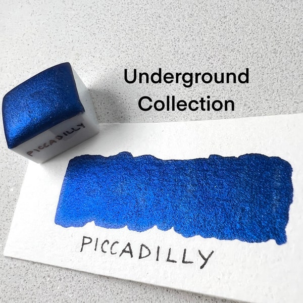 Peinture aquarelle Piccadilly miroitante faite à la main bleu royal cobalt végétalien encre de calligraphie métallique lettrage à la main demi-plateau couleurs Reneeissance