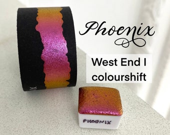 Acuarela vegana Phoenix colorshift hecha a mano West End I, tinta de caligrafía, letras a mano, media pastilla o cuarto de pastilla