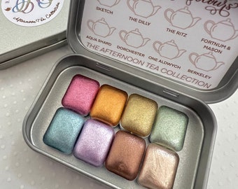 Afternoon Tea Collection quarter pans tin vegan handmade watercolor chrome metallic pastel calligraphy ink hand lettering