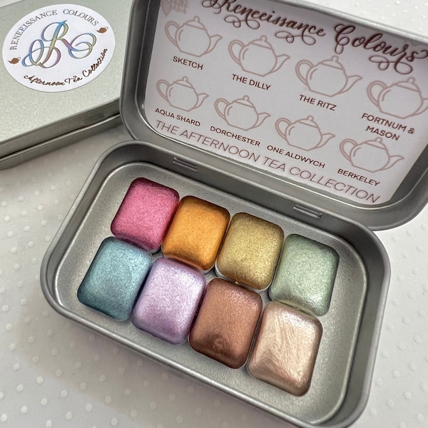 Afternoon Tea Collection quarter pans tin vegan handmade watercolor chrome metallic pastel calligraphy ink hand lettering