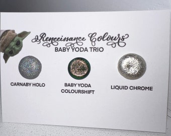 Baby Yoda Trio vegan handmade watercolor dot card holographic chrome colorshift