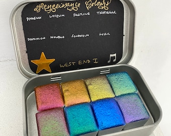 Tinta de caligrafía en lata de acuarela hecha a mano con cambio de color West End I, letras a mano, veganas, medias pastillas