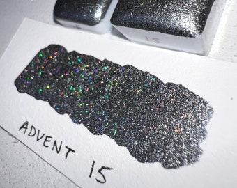 Advent 15 silver chrome holographic holo glitter vegan metallic handmade watercolor calligraphy hand lettering quarter pan or half pan