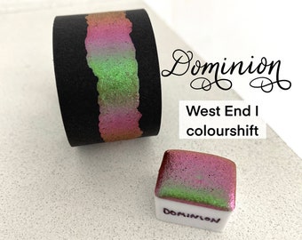 Tinta de caligrafía vegana Dominion colorshift hecha a mano, para escritura a mano, en media pastilla o cuarto de pastilla.