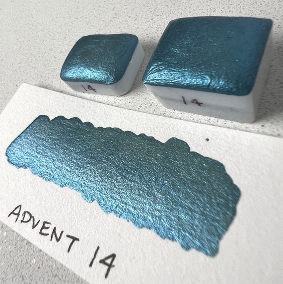 Advent 14 steel blue vegan metallic handmade shimmer watercolor calligraphy ink hand lettering quarter pan or half pan