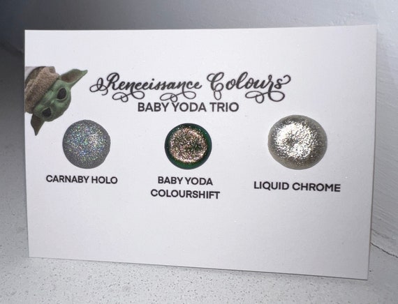 Baby Yoda Trio vegan handmade watercolor dot card holographic chrome colorshift