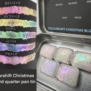 Quarter pan tin of 5 iridescent colorshift Blizzard Collection handmade vegan watercolor Colourshift Countdown to Christmas 2022
