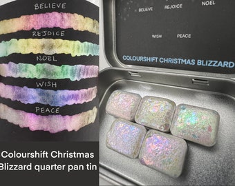 Quarter pan tin of 5 iridescent colorshift Blizzard Collection handmade vegan watercolor Colourshift Countdown to Christmas 2022