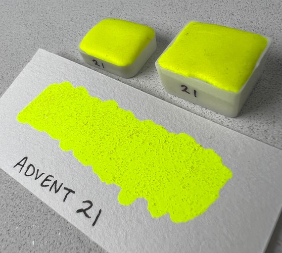 Advent 21 neon yellow glitter vegan metallic handmade shimmer watercolor calligraphy ink hand lettering quarter pan or half pan