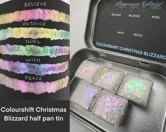 Half pan tin of 5 iridescent colorshift Blizzard Collection handmade vegan watercolor Colourshift Countdown to Christmas 2022