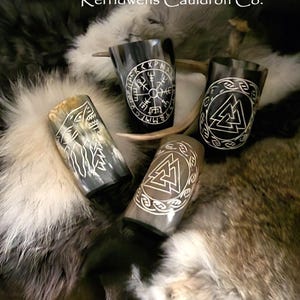 Engraved Horn Cup, Valknut, Helm of Awe, Old Norse, Viking Compass, Vegvísir, Icelandic, Cosplay, Reenactment, LARP, Drinkware, Barware
