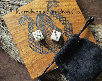 2 Pk. Circle Dot Medieval Bone Dice Kit, Replica Dice, Gaming Dice w/Black Pouch, Cosplay, Historic Dice, Gaming Pieces, Reenactment, LARP