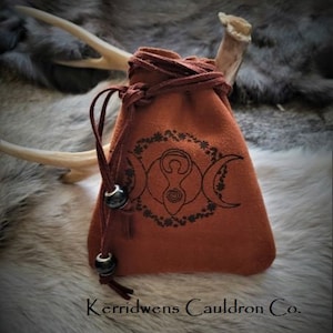 Triple Moon Goddess Drawstring Pouch, Suede Leather, Celtic, Pagan, Wiccan, Witchcraft, Coin Pouch, Stash Bag, Leather Pouch, Triple Goddess