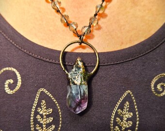 Amethyst Crystal Pendant, Woven Boho Necklace, Witchcraft Protection, Wiccan, Metaphysical, Rosary Chain