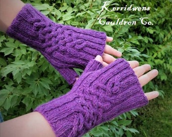 Hand-Knitted Purple Wool Arm Warmers, Celtic Knot Fingerless Gloves