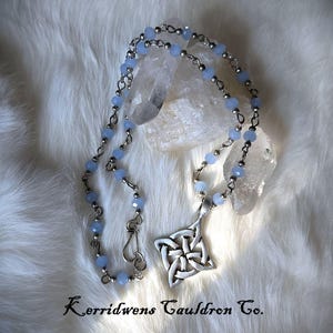 Witches Knot Aquamarine Crystal Necklace, Mystical Knot Protection Amulet, Wicca Jewelry, Metaphysical, Celtic Knot Beaded Rosary Chain