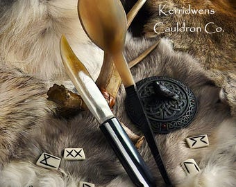 Medieval Kitchen Witchery Athame and Spoon, Kitchen Ritual Tools, Cow Horn Spoon, Knife, Kitchen Serve ware, Cosplay, LARP, Reenactment