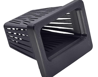May include: Black plastic square-shaped planter with a grid pattern on the sides and a funnel-shaped opening at the top.