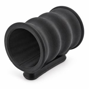 May include: A matte black cylindrical holder featuring a series of three horizontal ridges along its exterior surface. The object has a hollow interior and is supported by a rectangular base attached to the bottom, showing a visible 3D printed texture.