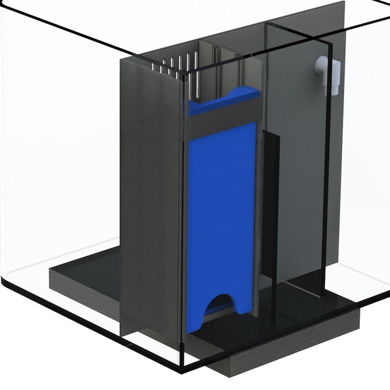 Op de afbeelding: Een helder glazen aquarium met een zwart en grijs filtersysteem. Het filtersysteem heeft een blauw filtermedium.