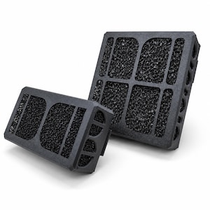 May include: Two black rectangular air filtration components featuring a porous, sponge-like texture within a rigid plastic frame. The larger unit has a grid of eight openings, while the smaller unit has a grid of four openings, both showing internal foam.