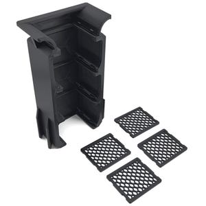 May include: A black, 3D-printed, rectangular storage container with three internal shelves and four matching square, perforated covers. The container has a unique, angular design and is made of a matte black material.