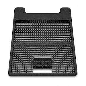 May include: A black rectangular plastic grid tray featuring a uniform square mesh pattern throughout its surface. The tray includes a solid top border with two notched corners and a small, raised square section positioned in the lower center area.