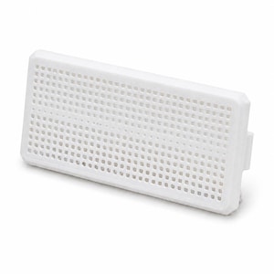 May include: A rectangular white plastic component featuring a uniform grid of small square perforations across its front surface. The object has a solid frame and a protruding tab on the right side, designed for insertion into a larger assembly.