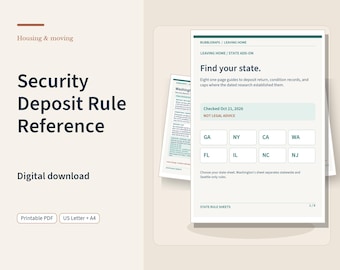 Security Deposit Rule Reference Sheets | Printable Moving Research Pages for Eight States