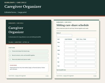 Editable Caregiver Organizer | Long-Distance Family Care Planner, Sibling Schedule and Logs | Large Print | Letter + A4