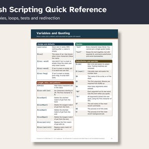May include: A Bash Scripting Quick Reference guide featuring a table titled Variables and Quoting. The document outlines syntax for assigning defaults, length, slicing, patterns, quotes, and substitution, with clear columns and rows.