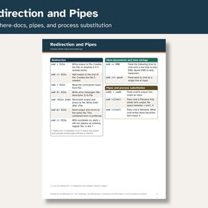 Op de afbeelding: Een technisch referentieblad getiteld Redirection and Pipes, met details over opdrachtregelbewerkingen zoals cmd > file, cmd >> file, cmd < file, cmd 2> file, cmd >& file, cmd &> file, cmd >| file, cmd << END, cmd <<< word, cmd1 | cmd2, cmd <(list) en cmd >(list).