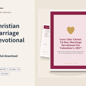 Può includere: Un documento digitale di devozione cristiana per il matrimonio con un bordo marrone, un'icona a forma di cuore dorato e il testo Love Like Christ: 14-Day Marriage Devotional for Valentine's 2027, con versetto KJV, domande e preghiere.