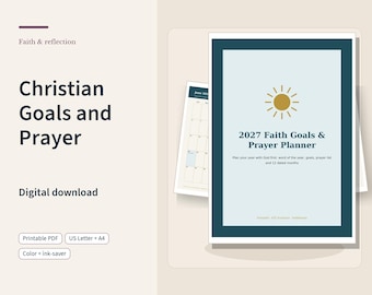 Op de afbeelding: Een digitale 2027 Faith Goals & Prayer planner met een lichtblauwe omslag, een gouden zonnepictogram en donkerblauwe randen. De tekst luidt: 2027 Faith Goals & Prayer Planner, Plan your year with God first: word of the year, goals, prayer list and 12 dated months.