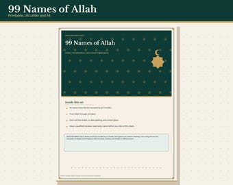 99 Names of Allah Poster Printable, Arabic, Transliteration and English, Letter and A4