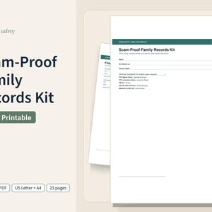 Fraudebestendige familiegegevensset voor senioren, inclusief invulformulier voor contactgegevens, koelkastkaartjes, gesprekslogboeken en een kredietblokkeringsformulier.