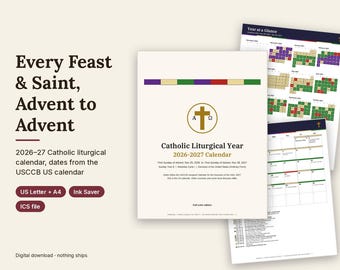 Katholieke liturgische kalender 2026-2027 (printbaar), kalender met feestdagen en heiligen, liturgische jaarplanner, katholiek cadeau, A4-formaat.