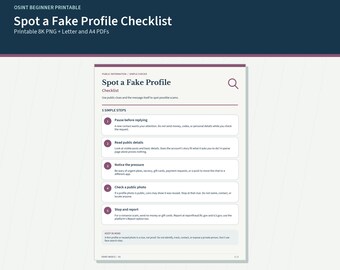 Spot a Fake Profile Checklist | Scam Red Flags | Beginner Online Safety Printable PDF & 8K PNG