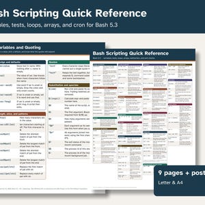 Hoja de referencia rápida de scripts Bash imprimible, PDF de referencia rápida de scripts de shell, variables, bucles, pruebas y redireccionamiento, tamaño carta A4
